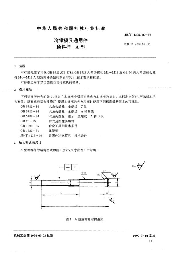 冷镦模具通用件顶料杆A型 (JB/T 4208.16-1996）