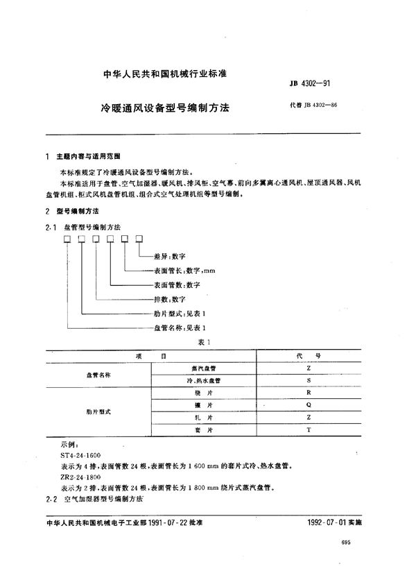 冷暖通风设备  型号编制方法 (JB/T 4302-1991)