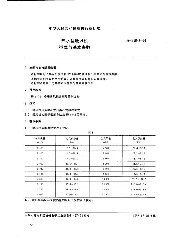 热水型暖风机 型式与基本参数 (JB/T 5147-1991）