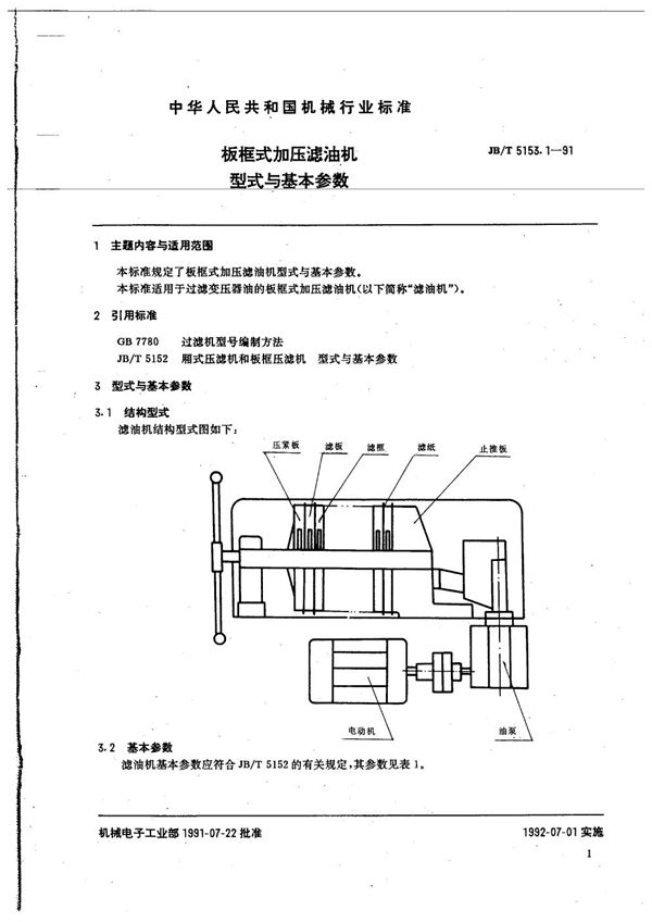 板框式加压滤油机 型式与基本参数 (JB/T 5153.1-1991）