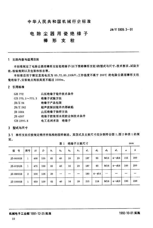 电除尘器用瓷绝缘子棒形支柱 (JB/T 5909.3-1991)