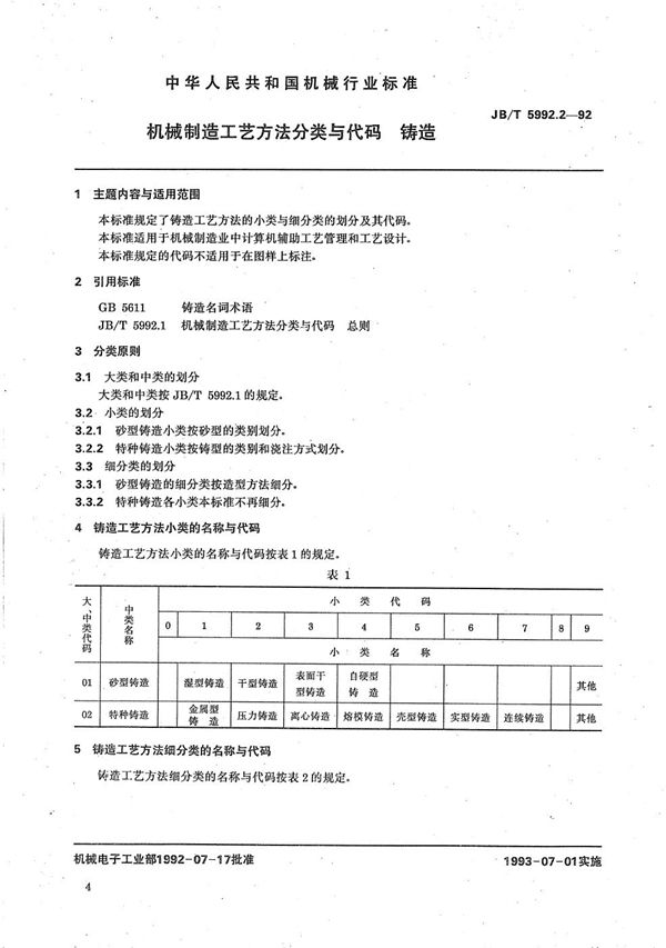 机械制造工艺方法分类与代码 铸造 (JB/T 5992.2-1992）