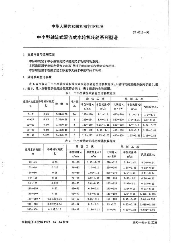 中小型轴流式混流式水轮机转轮系列型谱 (JB/T 6310-1992）