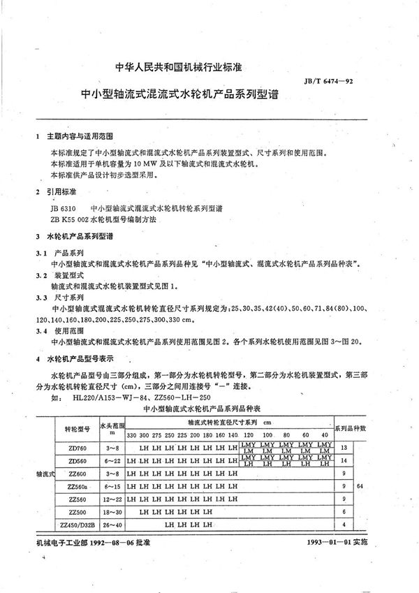 中小型轴流式混流式水轮机产品系列型谱 (JB/T 6474-1992）