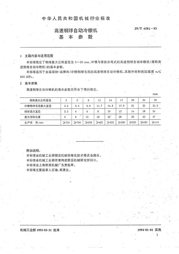 高速钢球自动冷镦机  基本参数 (JB/T 6581-1993）