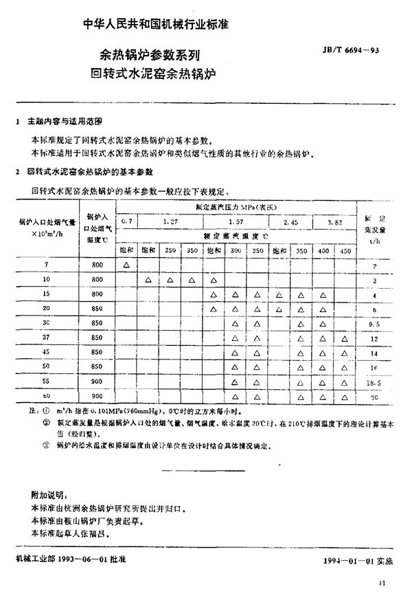 余热锅炉参数系列 回转式水泥窑余热锅炉 (JB/T 6694-1993)