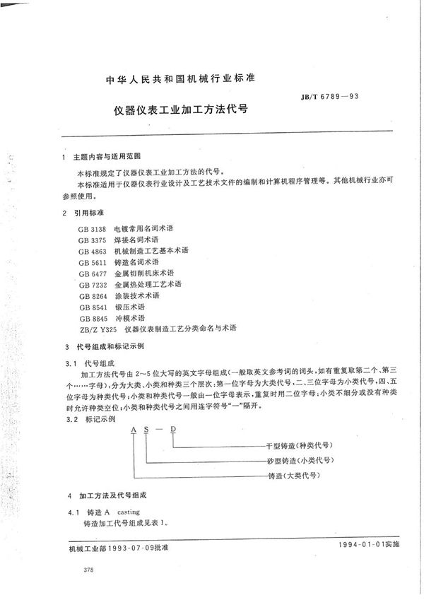 仪器仪表加工方法代号 (JB/T 6789-1993）