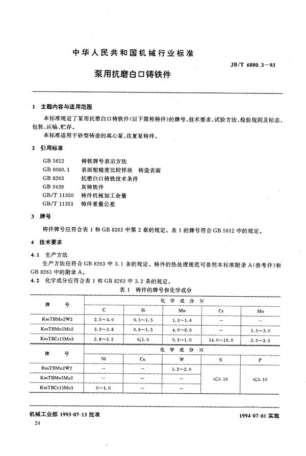 泵用抗磨白口铸铁件 (JB/T 6880.3-1993）