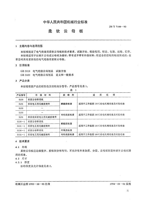 柔软云母板 (JB/T 7100-1993）