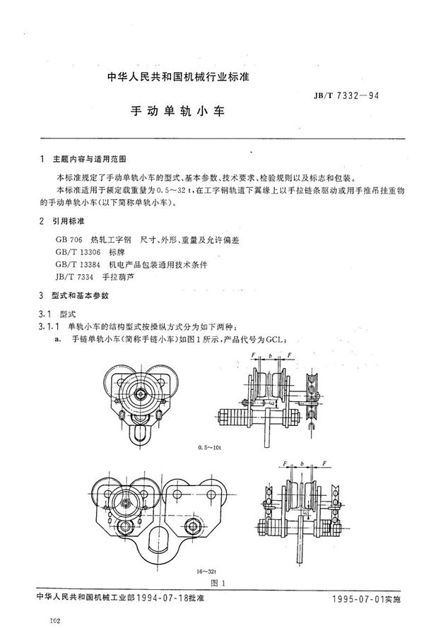 手动单轨小车 (JB/T 7332-1994）