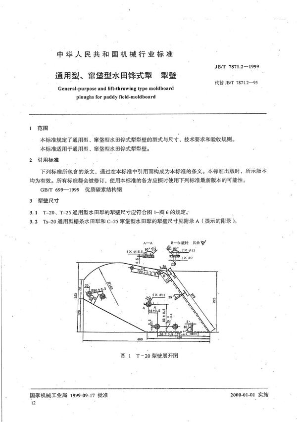 通用型、窜垡型水田铧式犁  犁壁 (JB/T 7871.2-1999）