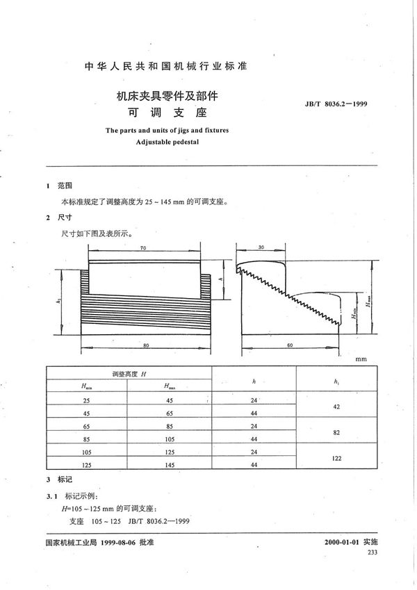 机床夹具零件及部件 可调支座 (JB/T 8036.2-1999）