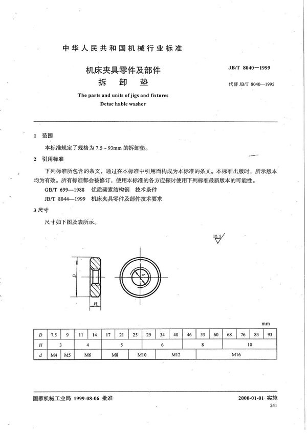 机床夹具零件及部件 拆卸垫 (JB/T 8040-1999）