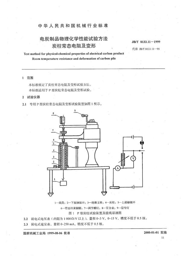 电碳制品物理化学性能试验方法  碳柱常态电阻及变形 (JB/T 8133.11-1999）