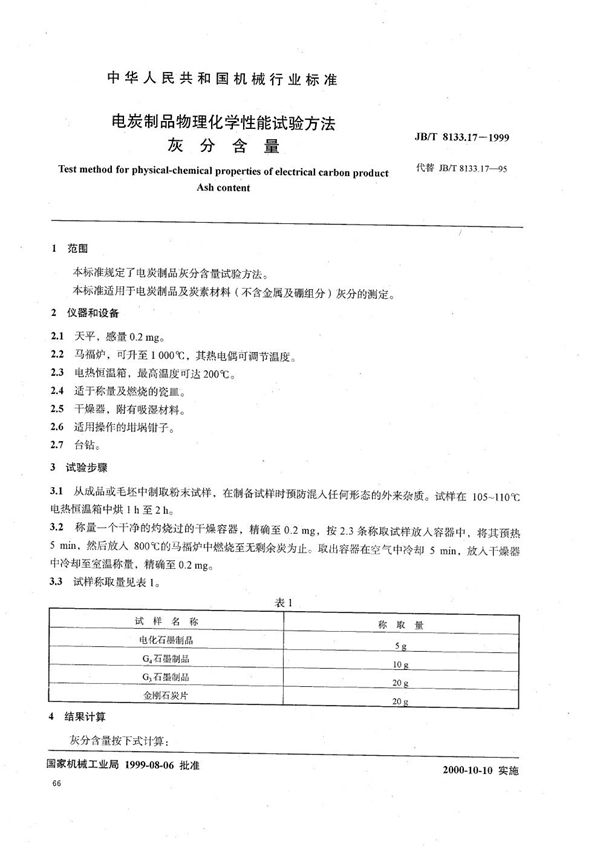 电碳制品物理化学性能试验方法  灰分含量 (JB/T 8133.17-1999）