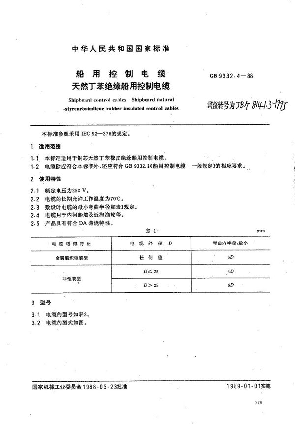 船用控制电缆 天然丁苯绝缘船用控制电缆 (JB/T 8141.3-1995）