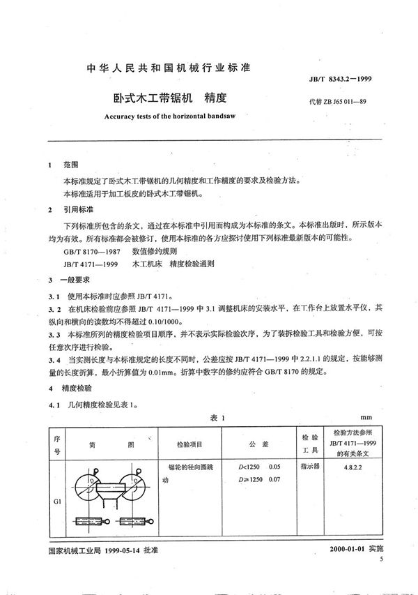 卧式木工带锯机  精度 (JB/T 8343.2-1999）