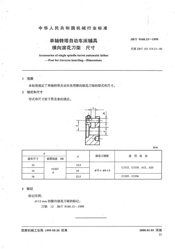 单轴转塔自动车床辅具 横向滚花刀架尺寸 (JB/T 9160.15-1999）