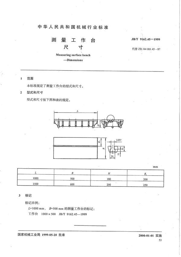 测量工作台 尺寸 (JB/T 9162.45-1999）