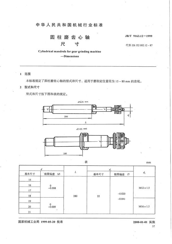 圆柱磨齿心轴 尺寸 (JB/T 9163.12-1999）