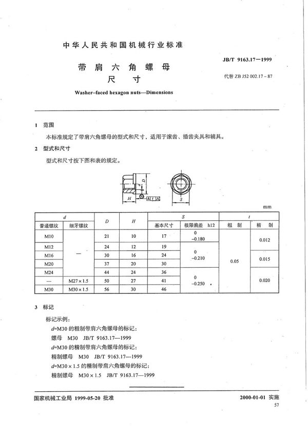 带肩六角螺母 尺寸 (JB/T 9163.17-1999）