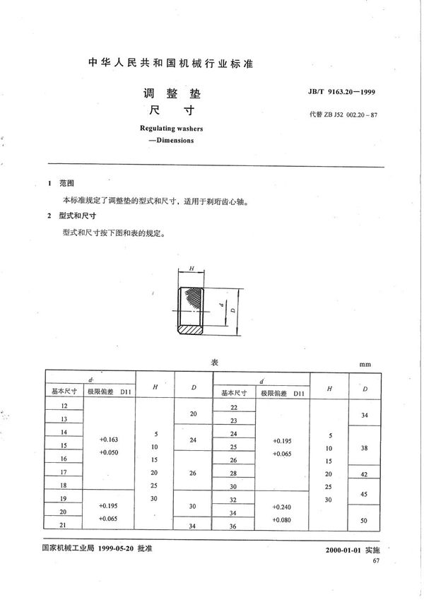 调整垫 尺寸 (JB/T 9163.20-1999）