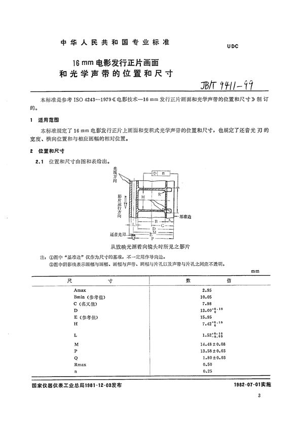 16mm电影发行正片画面和光学声带的位置和尺寸 (JB/T 9411-1999）