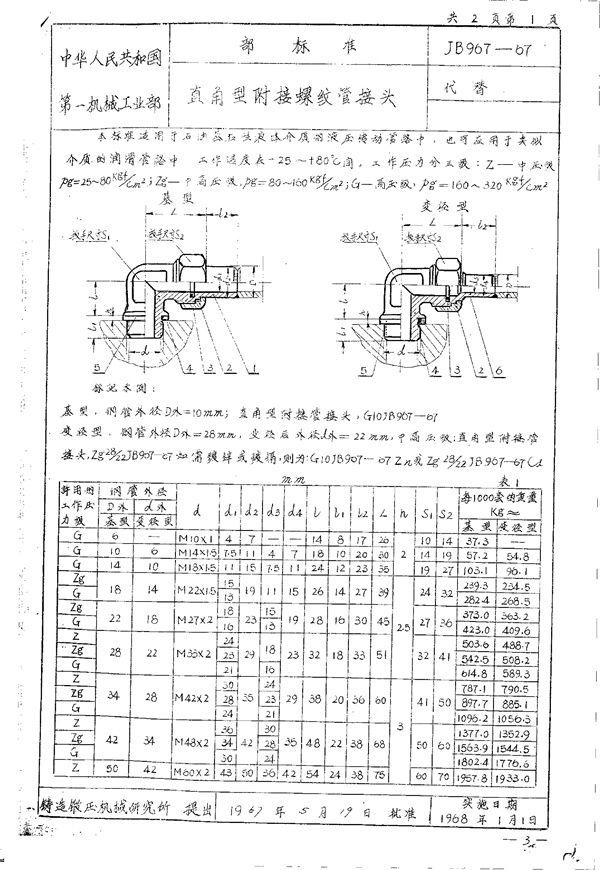 直角型附接螺纹管接头 (JB/T 967-1967)