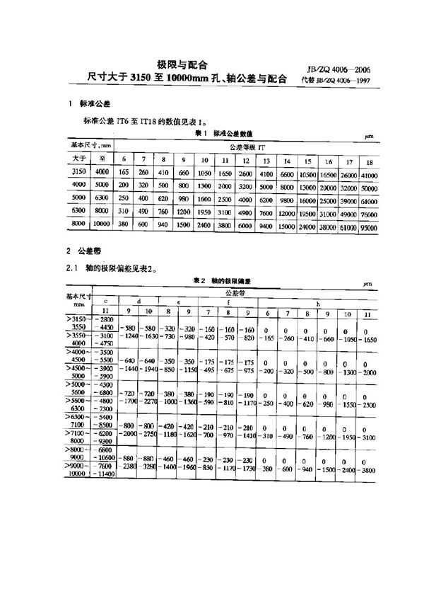 极限与配合尺寸大于3150至10000mm孔、轴公差与配合 (JB/ZQ 4006-2006)