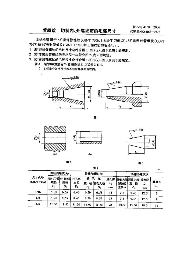 管螺纹切制内、外螺纹前的毛坯尺寸 (JB/ZQ 4168-2006)