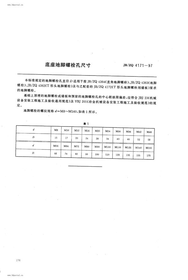 底座地脚螺栓孔尺寸 (JB/ZQ 4171-1997)