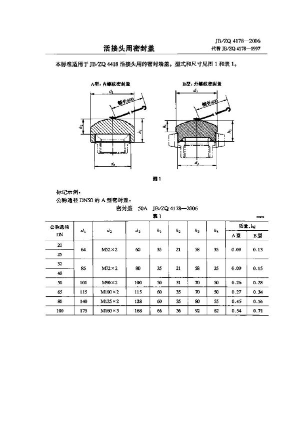 活接头用密封盖 (JB/ZQ 4178-2006)