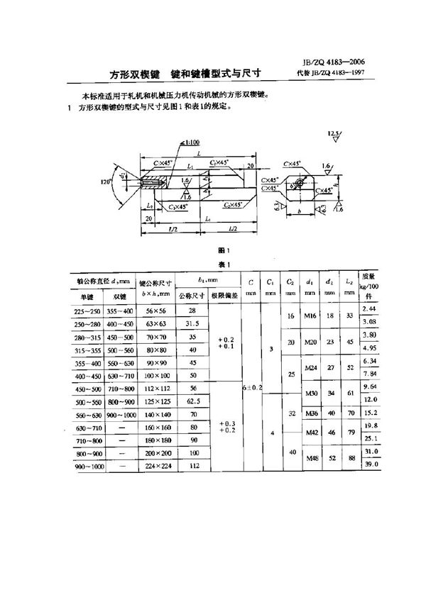 方形双楔键 键和键槽型式与尺寸 (JB/ZQ 4183-2006)