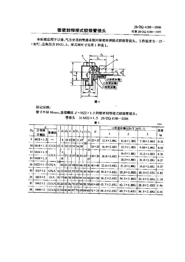 锥密封焊接式铰接管接头 (JB/ZQ 4188-2006)