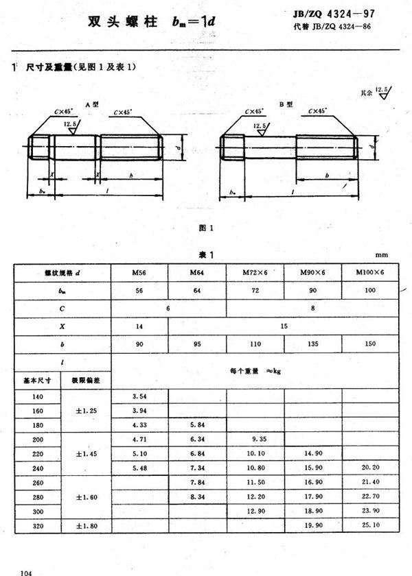 双头螺柱bm=1d (JB/ZQ 4324-1997)