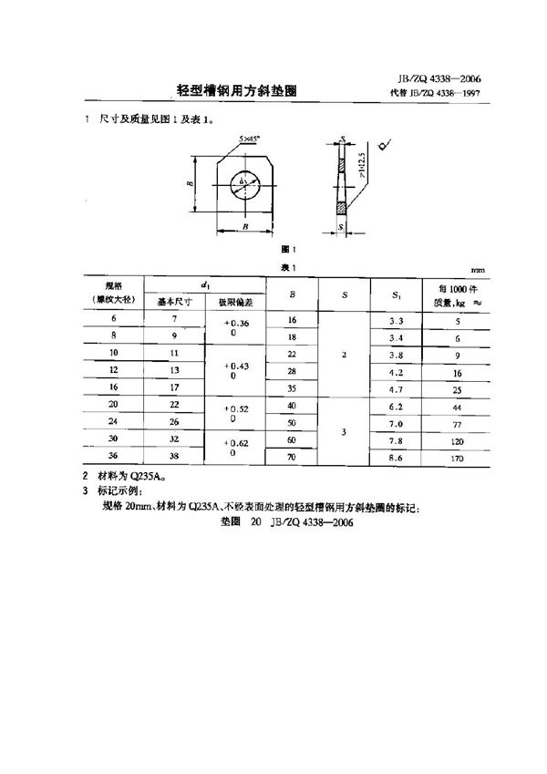 轻型槽钢用方斜垫圈 (JB/ZQ 4338-2006)