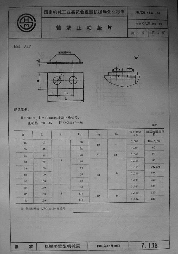 轴端止动垫片 (JB/ZQ 4347-1986)