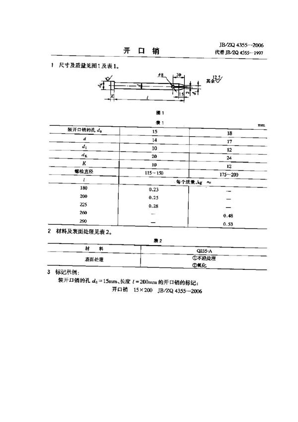 开口销 (JB/ZQ 4355-2006)