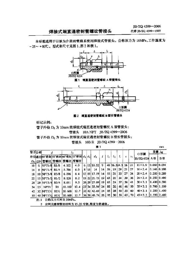 焊接式端直通密封管螺纹管接头 (JB/ZQ 4399-2006)