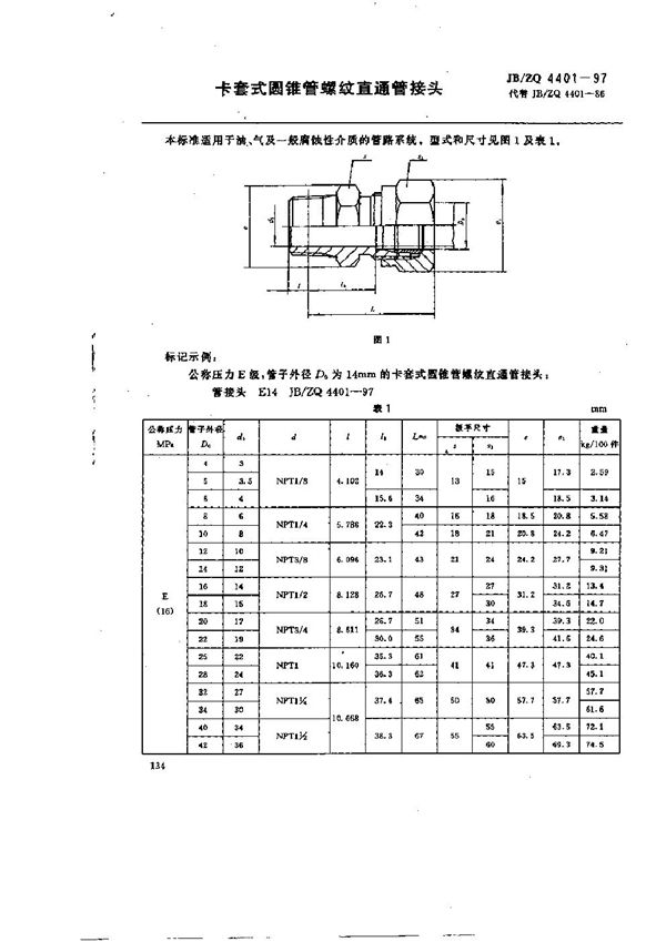 卡套式圆锥管螺纹直通管接头 (JB/ZQ 4401-1997)