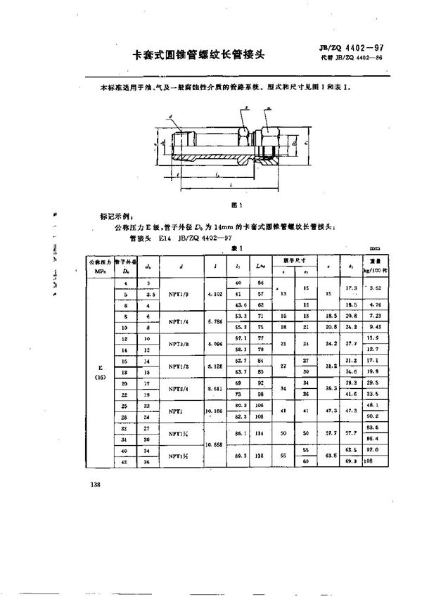 卡套式圆锥管螺纹长管接头 (JB/ZQ 4402-1997)