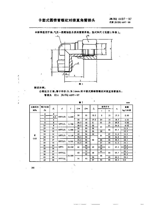 卡套式圆锥管螺纹对接直角管接头 (JB/ZQ 4407-1997)