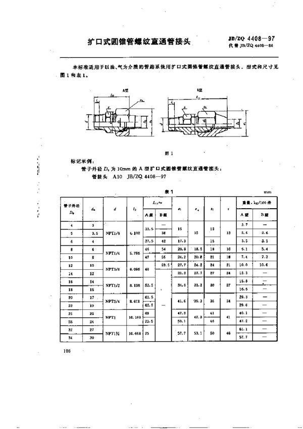 卡套式圆锥管螺纹直通管接头 (JB/ZQ 4408-1997)