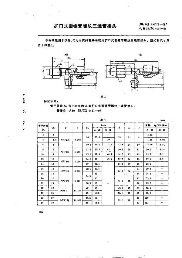 扩口式圆锥管螺纹三通管接头 (JB/ZQ 4411-1997)