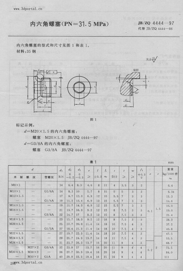 内六角螺塞（PN=31.5MPa） (JB/ZQ 4444-1997)