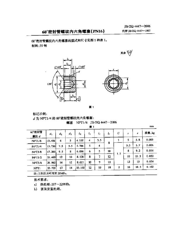 60°密封管螺纹内六角螺塞(PN16) (JB/ZQ 4447-2006)