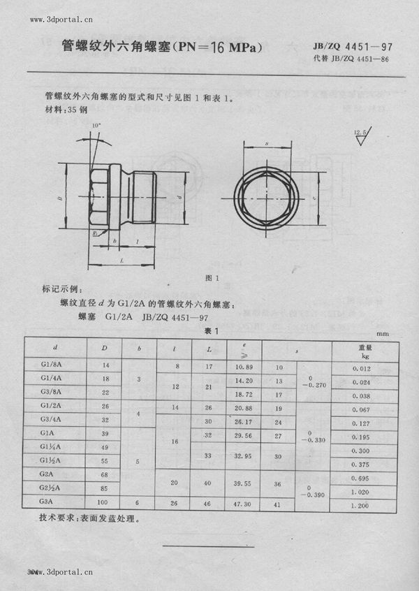 管螺纹外六角螺塞（PN=16MPa） (JB/ZQ 4451-1997)