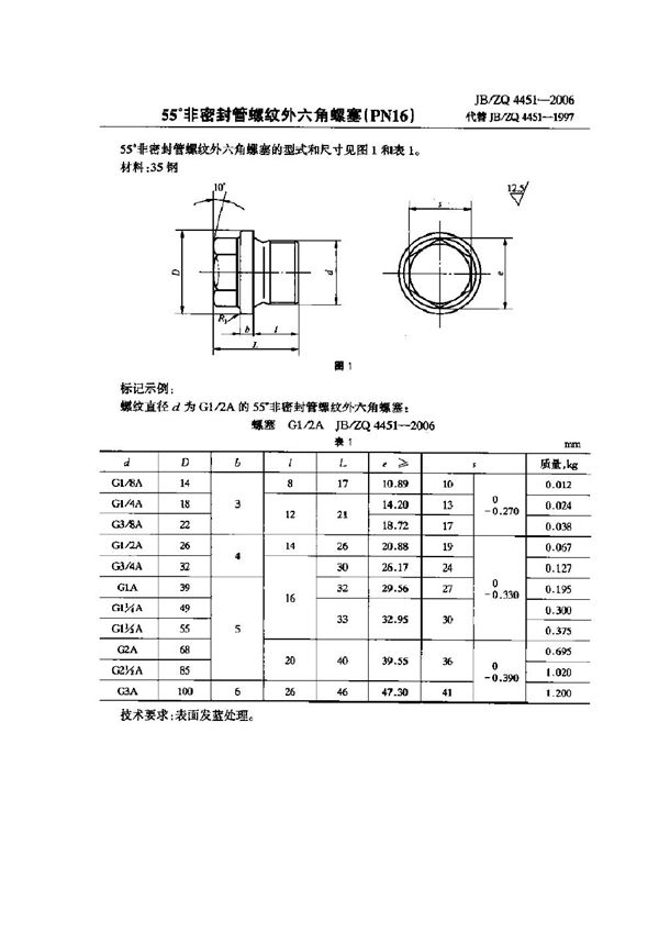 55°非密封管螺纹外六角螺塞(PN16) (JB/ZQ 4451-2006)