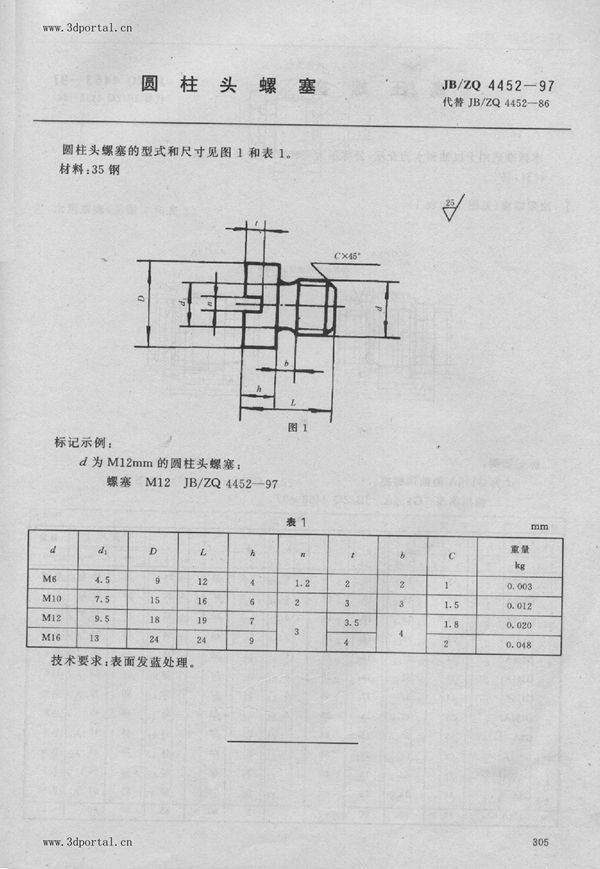 圆柱头螺塞 (JB/ZQ 4452-1997)