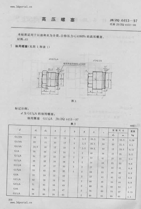 高压螺塞 (JB/ZQ 4453-1997)